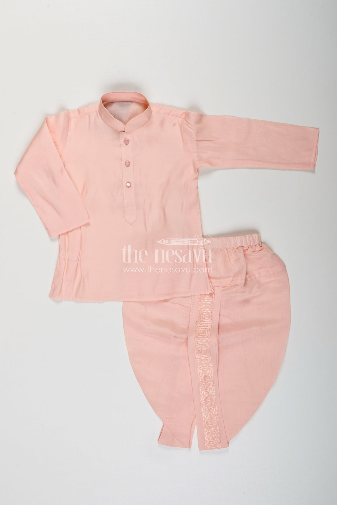 The Nesavu Boys Dothi Set Baby boy peach dhoti set with embroidered silk jacket for naming and festive wear Nesavu Nesavu peach baby boy dhoti set embroidered silk jacket  perfect naming ceremonies festive events
