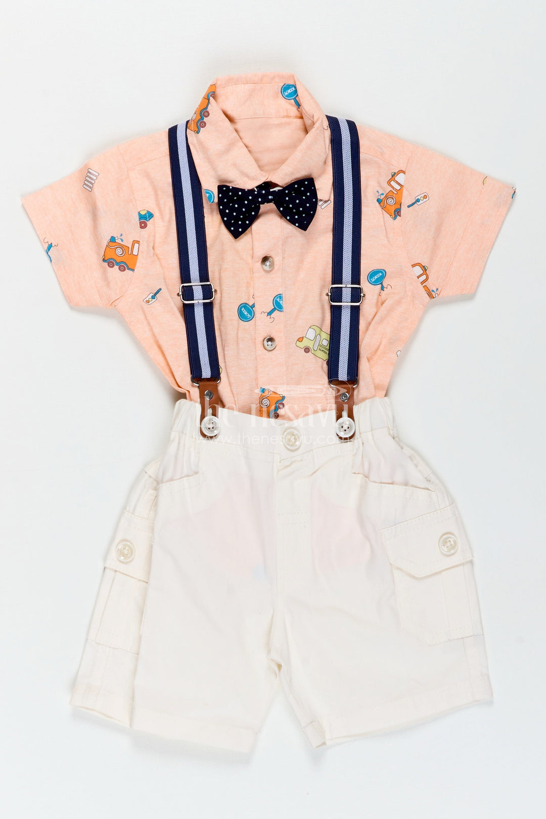 The Nesavu Boys Casual Set Baby Boy Peach Shirt Set with Fun Vehicle Prints and Off White Cargo Shorts for Day Out Style Nesavu 12 (3M) / Peach BCS325A-12 Nesavu Baby Boy Peach Shirt Set Digital Vehicle Print Off White Shorts Suspenders