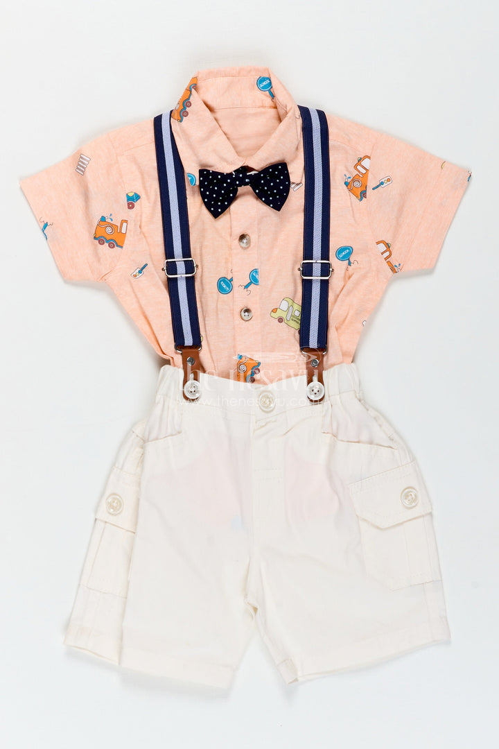 The Nesavu Boys Casual Set Baby Boy Peach Shirt Set with Fun Vehicle Prints and Off White Cargo Shorts for Day Out Style Nesavu 12 (3M) / Peach BCS325A-12 Nesavu Baby Boy Peach Shirt Set Digital Vehicle Print Off White Shorts Suspenders