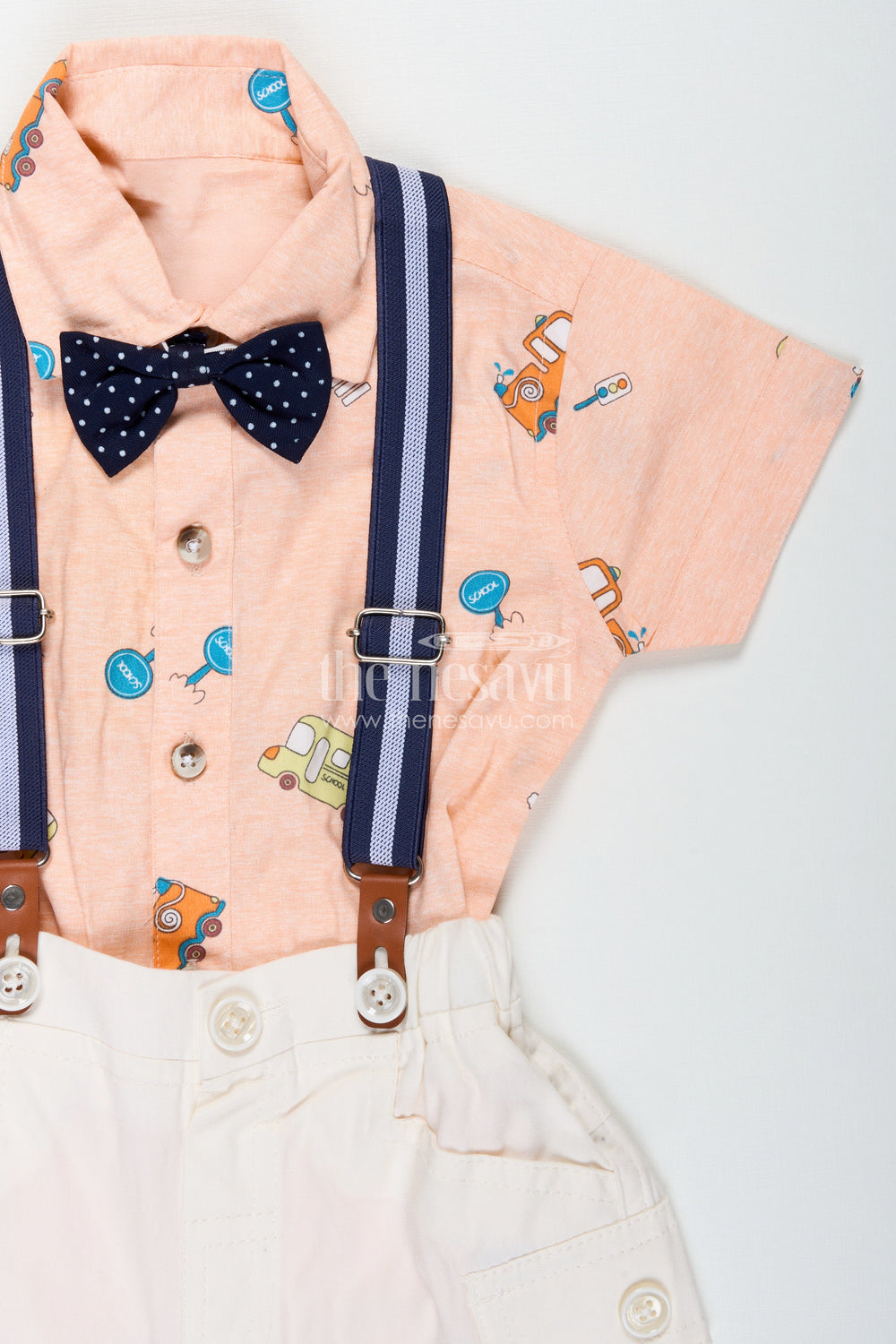 The Nesavu Boys Casual Set Baby Boy Peach Shirt Set with Fun Vehicle Prints and Off White Cargo Shorts for Day Out Style Nesavu Nesavu Baby Boy Peach Shirt Set Digital Vehicle Print Off White Shorts Suspenders