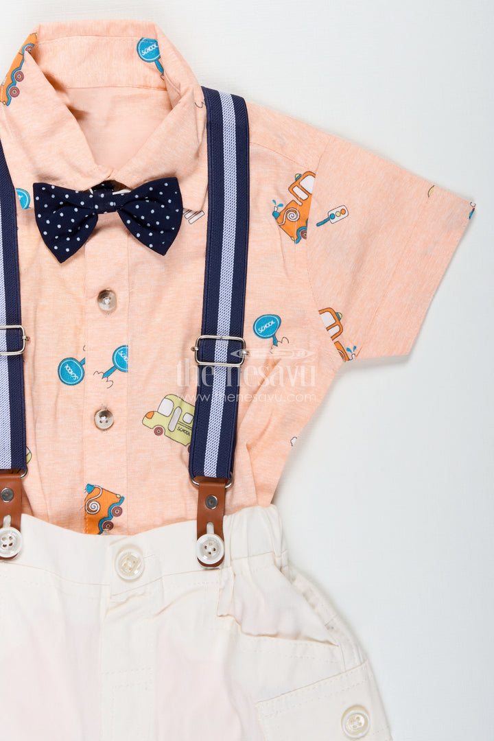 The Nesavu Boys Casual Set Baby Boy Peach Shirt Set with Fun Vehicle Prints and Off White Cargo Shorts for Day Out Style Nesavu Nesavu Baby Boy Peach Shirt Set Digital Vehicle Print Off White Shorts Suspenders