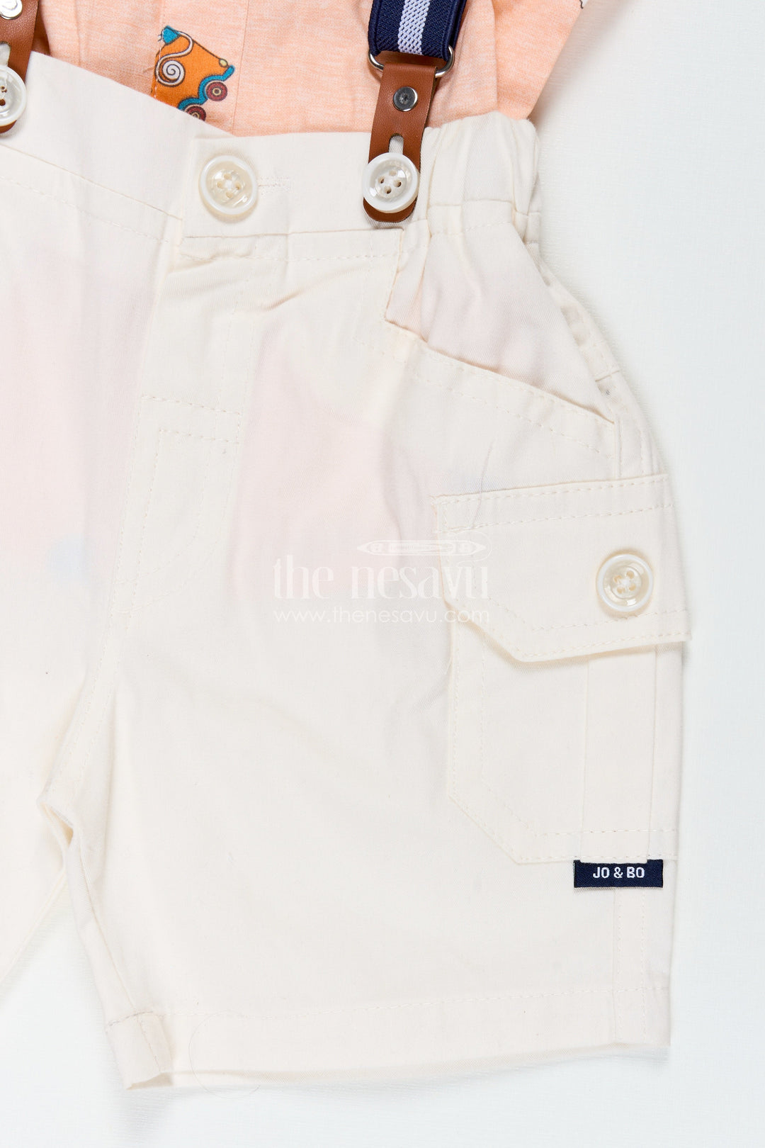 The Nesavu Boys Casual Set Baby Boy Peach Shirt Set with Fun Vehicle Prints and Off White Cargo Shorts for Day Out Style Nesavu Nesavu Baby Boy Peach Shirt Set Digital Vehicle Print Off White Shorts Suspenders