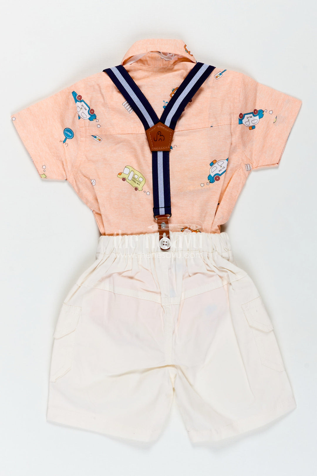 The Nesavu Boys Casual Set Baby Boy Peach Shirt Set with Fun Vehicle Prints and Off White Cargo Shorts for Day Out Style Nesavu Nesavu Baby Boy Peach Shirt Set Digital Vehicle Print Off White Shorts Suspenders