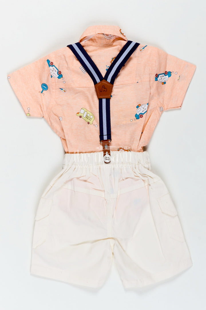 The Nesavu Boys Casual Set Baby Boy Peach Shirt Set with Fun Vehicle Prints and Off White Cargo Shorts for Day Out Style Nesavu Nesavu Baby Boy Peach Shirt Set Digital Vehicle Print Off White Shorts Suspenders