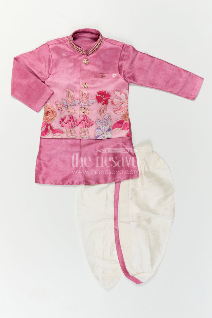 The Nesavu Boys Kurtha Set Baby Boy Premium Dress Set for Weddings and Traditional Functions Nesavu Nesavu Baby Boy Sherwani Set For Weddings With Designer Jacket And Traditional Dhoti Outfit