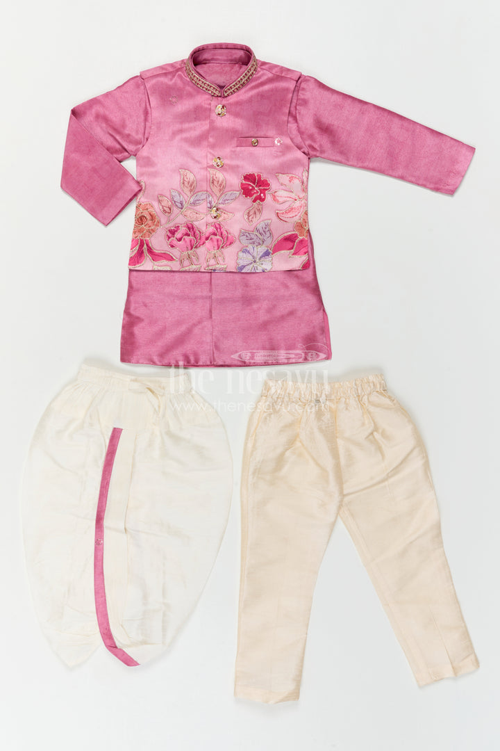 The Nesavu Boys Kurtha Set Baby Boy Premium Dress Set for Weddings and Traditional Functions Nesavu Nesavu Baby Boy Sherwani Set For Weddings With Designer Jacket And Traditional Dhoti Outfit