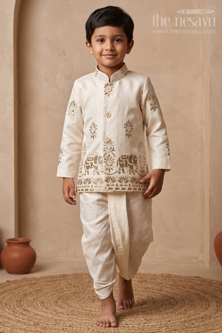 The Nesavu Boys Sherwani Baby Boy Sherwani Outfit for Traditional Functions and Celebrations Nesavu 14 (6M) / Cream / Viscose BES1005B-14 Nesavu Baby Boy Sherwani Outfit For Traditional Functions And Celebrations With Embroidered Silk Design
