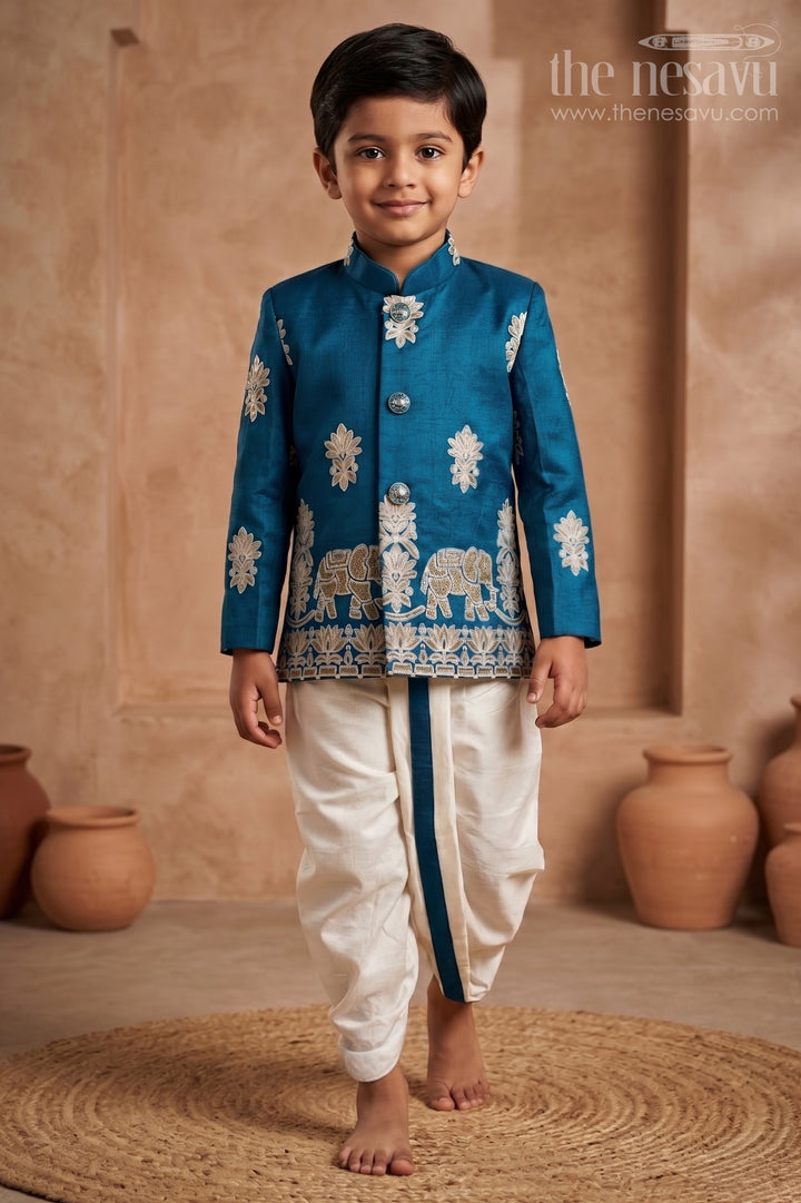 The Nesavu Boys Sherwani Baby Boy Sherwani Set for Weddings and Festive Occasions Nesavu 14 (6M) / Blue / Viscose BES1005A-14 Nesavu Baby Boy Sherwani Set For Weddings And Festive Occasions With Designer Embroidery And Dhoti Pants