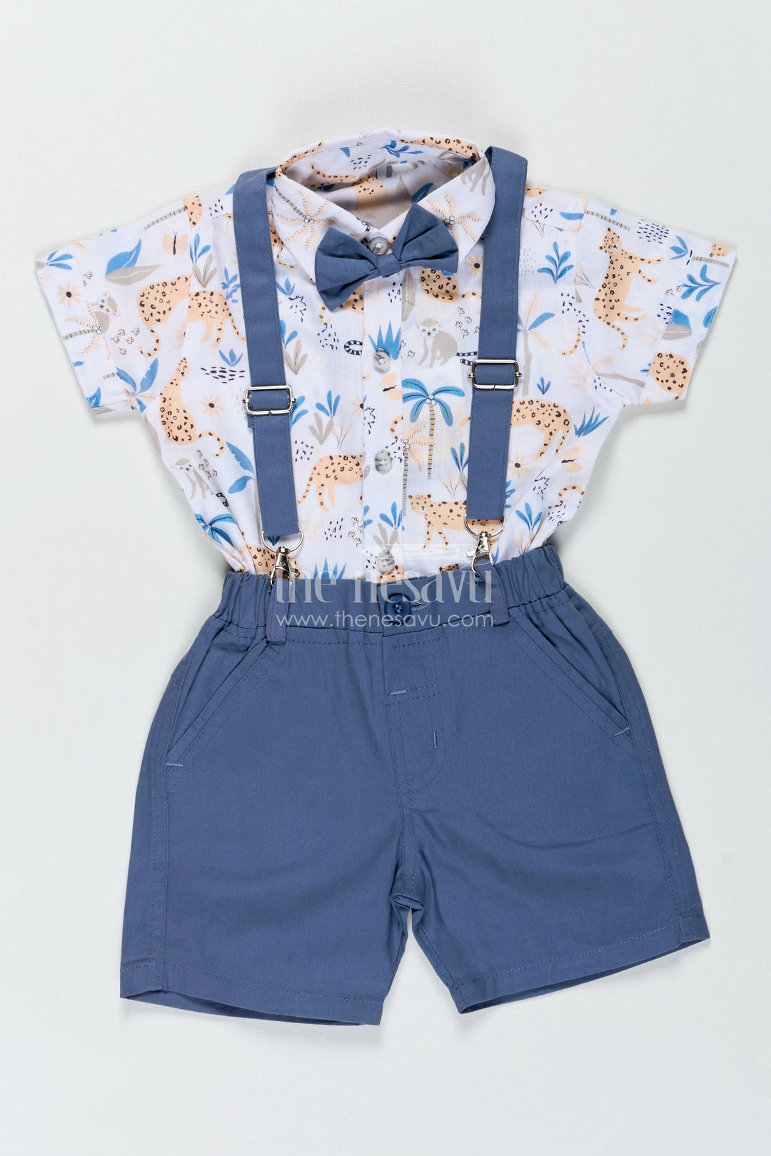The Nesavu Boys Casual Set Baby Boy Stylish Summer Look with Blue Animal Print Shirt and Grey Shorts with Suspenders Nesavu 12 (3M) / Blue BCS324B-12 Nesavu Baby Boy Stylish Summer Look Set Blue Animal Print Shirt Grey Cotton Shorts