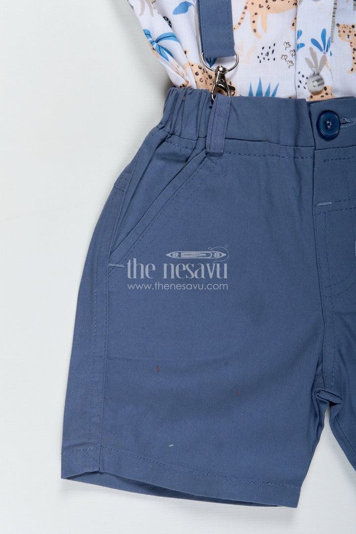 The Nesavu Boys Casual Set Baby Boy Stylish Summer Look with Blue Animal Print Shirt and Grey Shorts with Suspenders Nesavu Nesavu Baby Boy Stylish Summer Look Set Blue Animal Print Shirt Grey Cotton Shorts