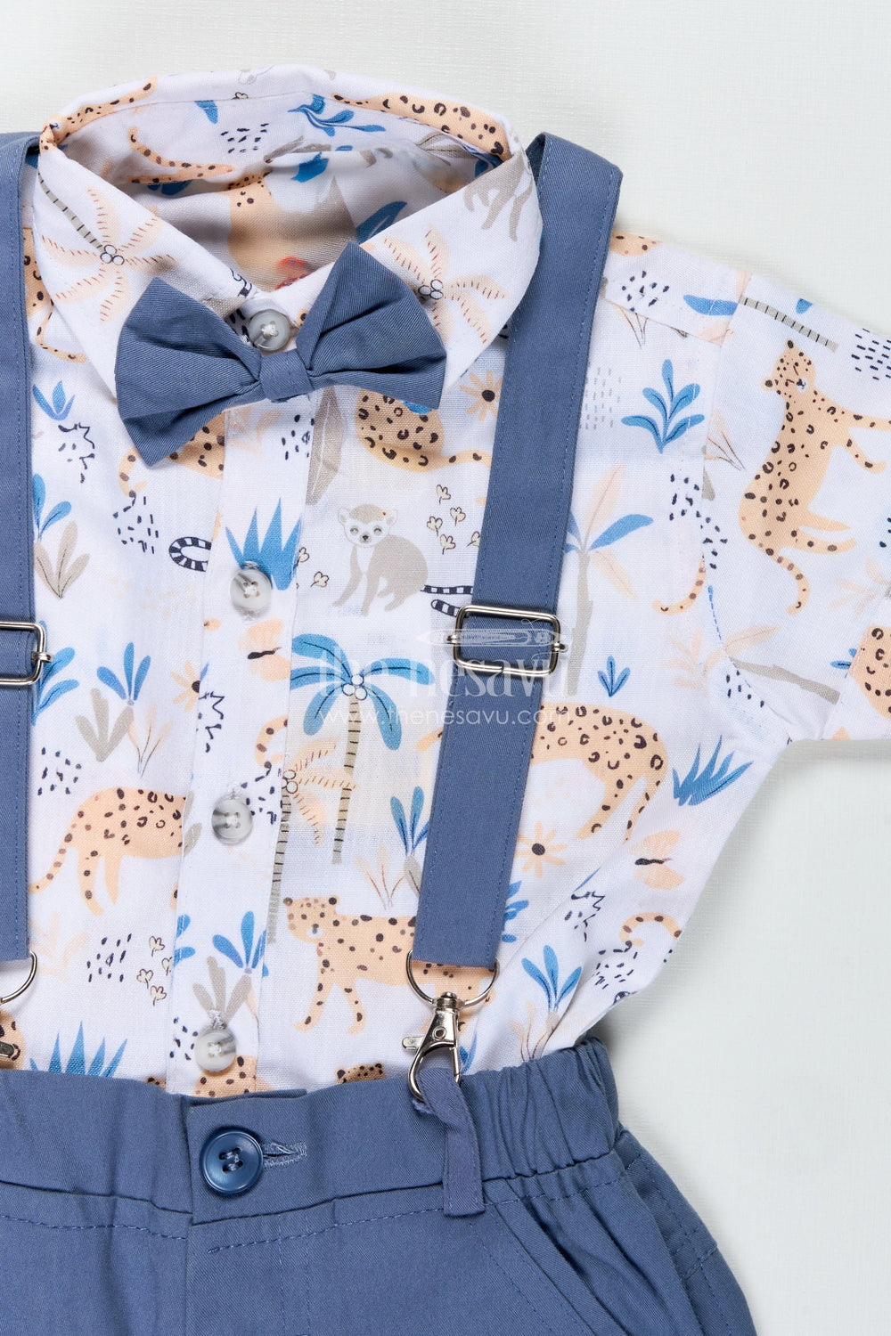 The Nesavu Boys Casual Set Baby Boy Stylish Summer Look with Blue Animal Print Shirt and Grey Shorts with Suspenders Nesavu Nesavu Baby Boy Stylish Summer Look Set Blue Animal Print Shirt Grey Cotton Shorts