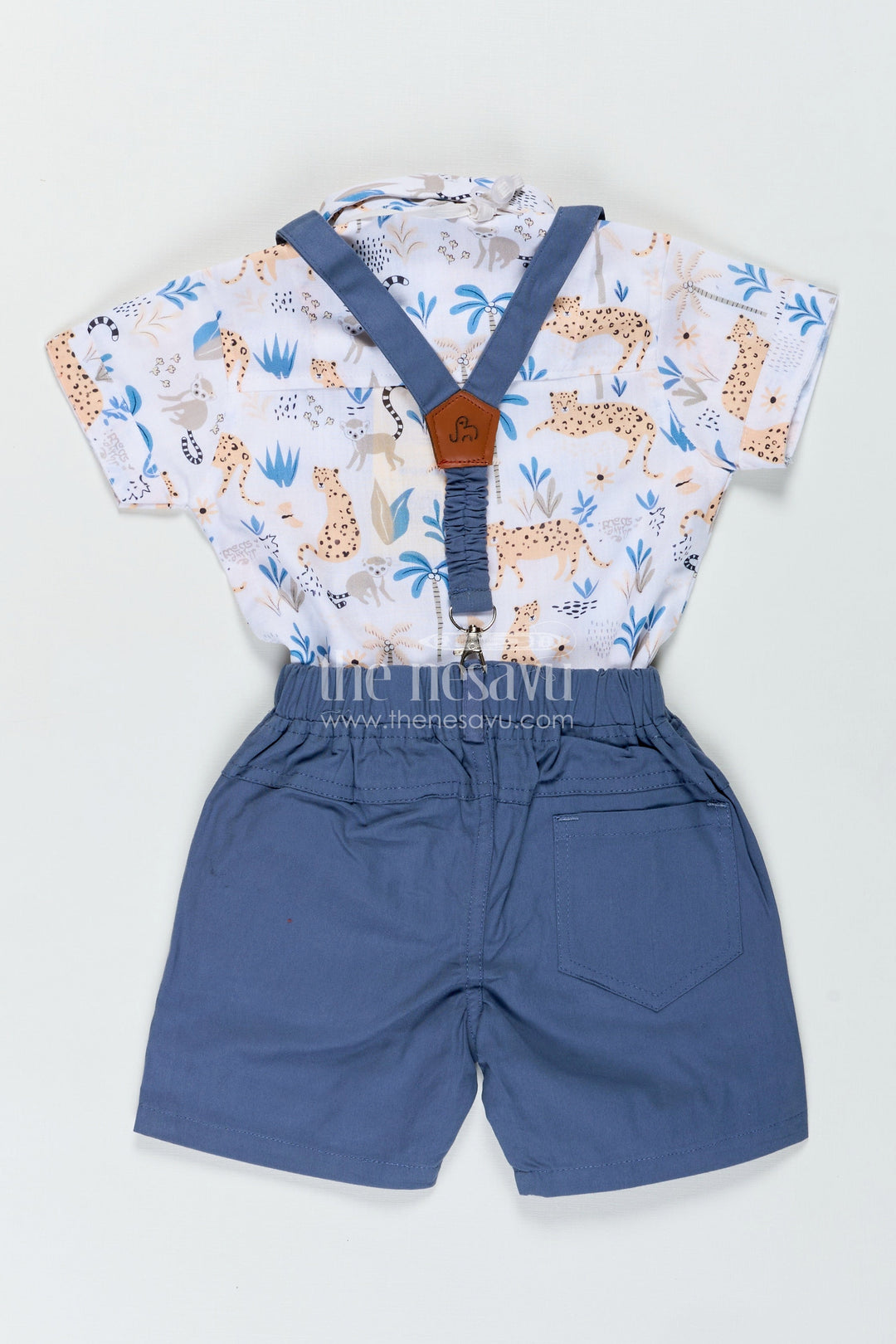 The Nesavu Boys Casual Set Baby Boy Stylish Summer Look with Blue Animal Print Shirt and Grey Shorts with Suspenders Nesavu Nesavu Baby Boy Stylish Summer Look Set Blue Animal Print Shirt Grey Cotton Shorts