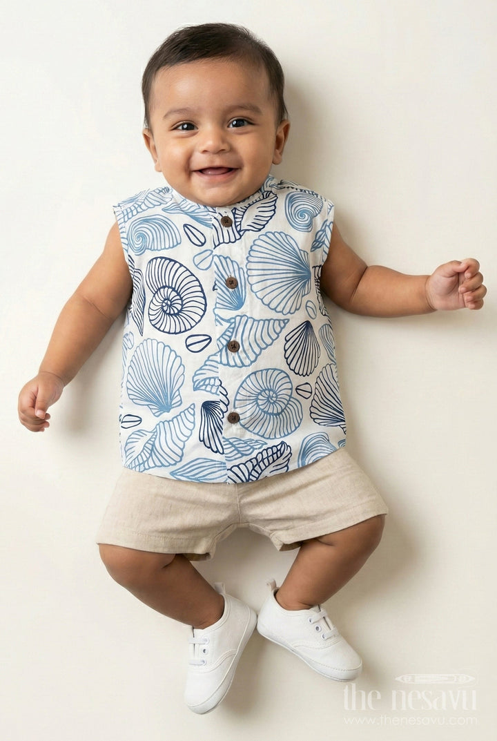 The Nesavu Baby Jablas Baby Boys Cotton Jabla in Nautical Blue Shell Motif Print for Everyday Jhabla for Infants Style Nesavu 10 (NB) / Blue IF027A-10 Jhabla infants Cotton Digital Nautical Blue Print Wooden Button Detail | The Nesavu