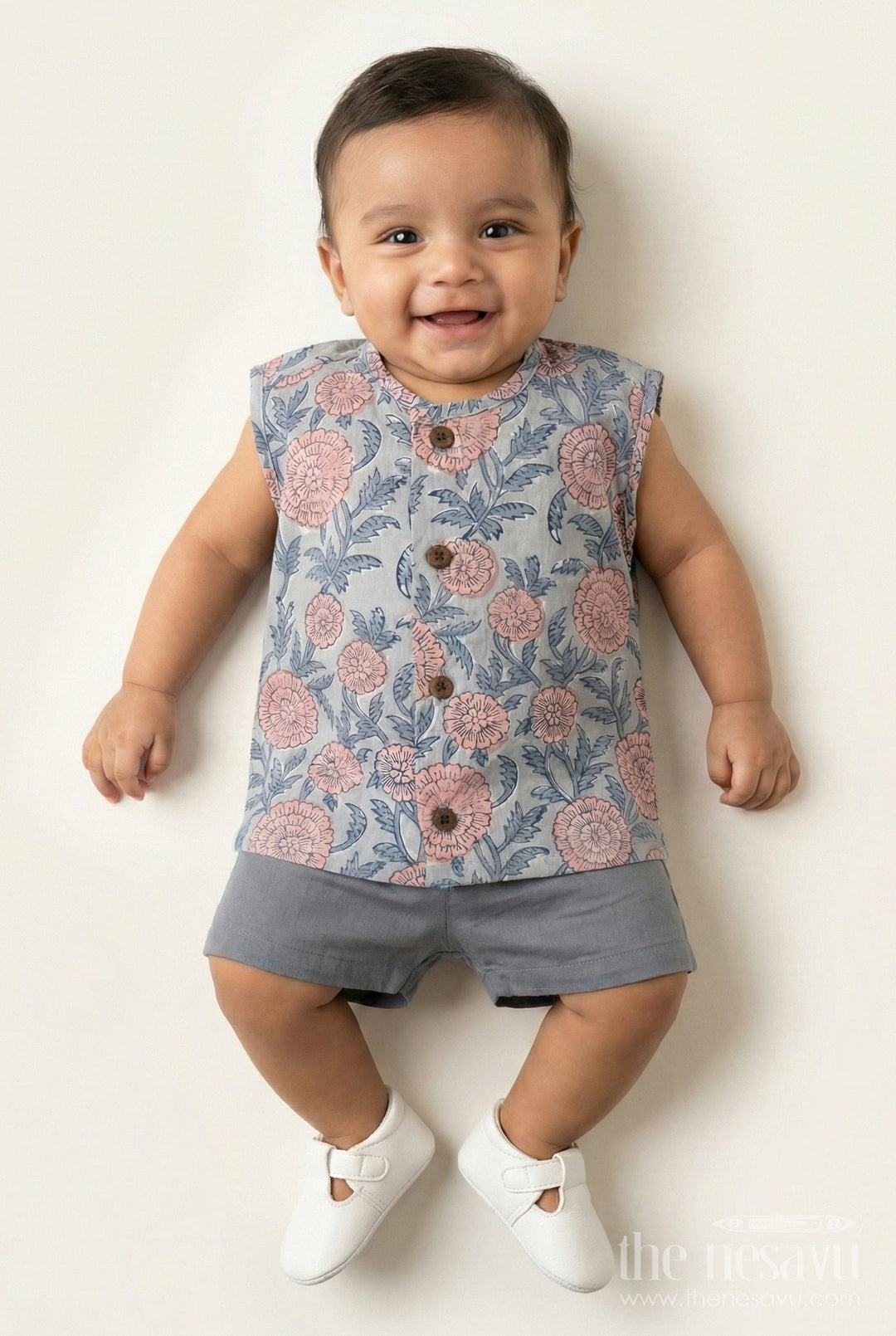 The Nesavu Baby Jablas Baby Boys Cotton Jabla with Dusky Blue Base and Delicate Floral Digital Print in Newborn Jhabla Online Style Nesavu 10 (NB) / Blue IF031B-10 Newborn jhabla online Dusky Blue Cotton Pink Floral Digital Print Wooden Button Front | The Nesavu