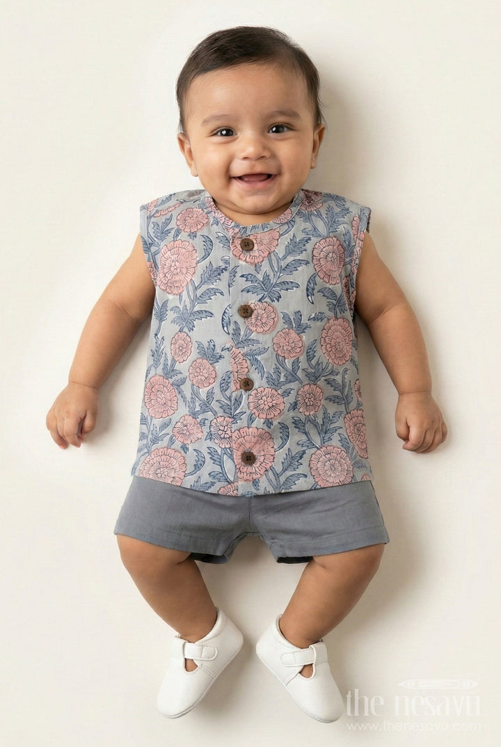The Nesavu Baby Jablas Baby Boys Cotton Jabla with Dusky Blue Base and Delicate Floral Digital Print in Newborn Jhabla Online Style Nesavu 10 (NB) / Blue IF031B-10 Newborn jhabla online Dusky Blue Cotton Pink Floral Digital Print Wooden Button Front | The Nesavu