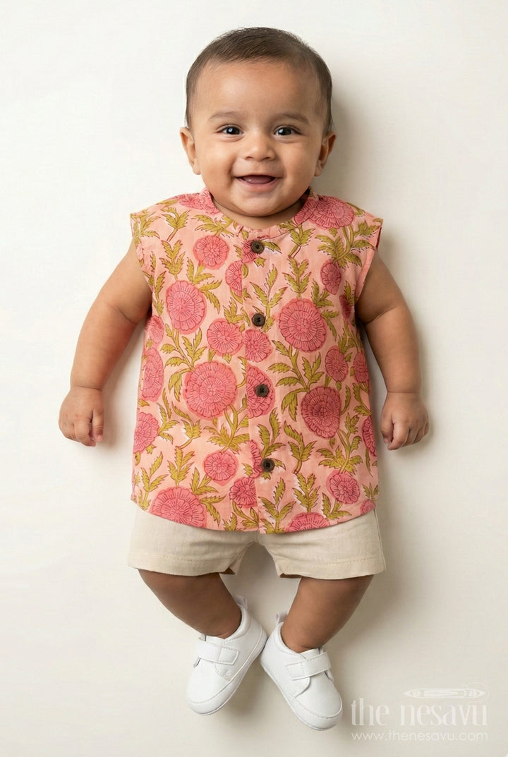 The Nesavu Baby Jablas Baby Boys Cotton Jabla with Pink Floral Print On Peach for Daily Comfort in Newborns Jhabla Online Style Nesavu 10 (NB) / Orange IF031A-10 Newborns jhabla online Peach Cotton Bold Pink Floral Digital Print Wooden Buttons | The Nesavu