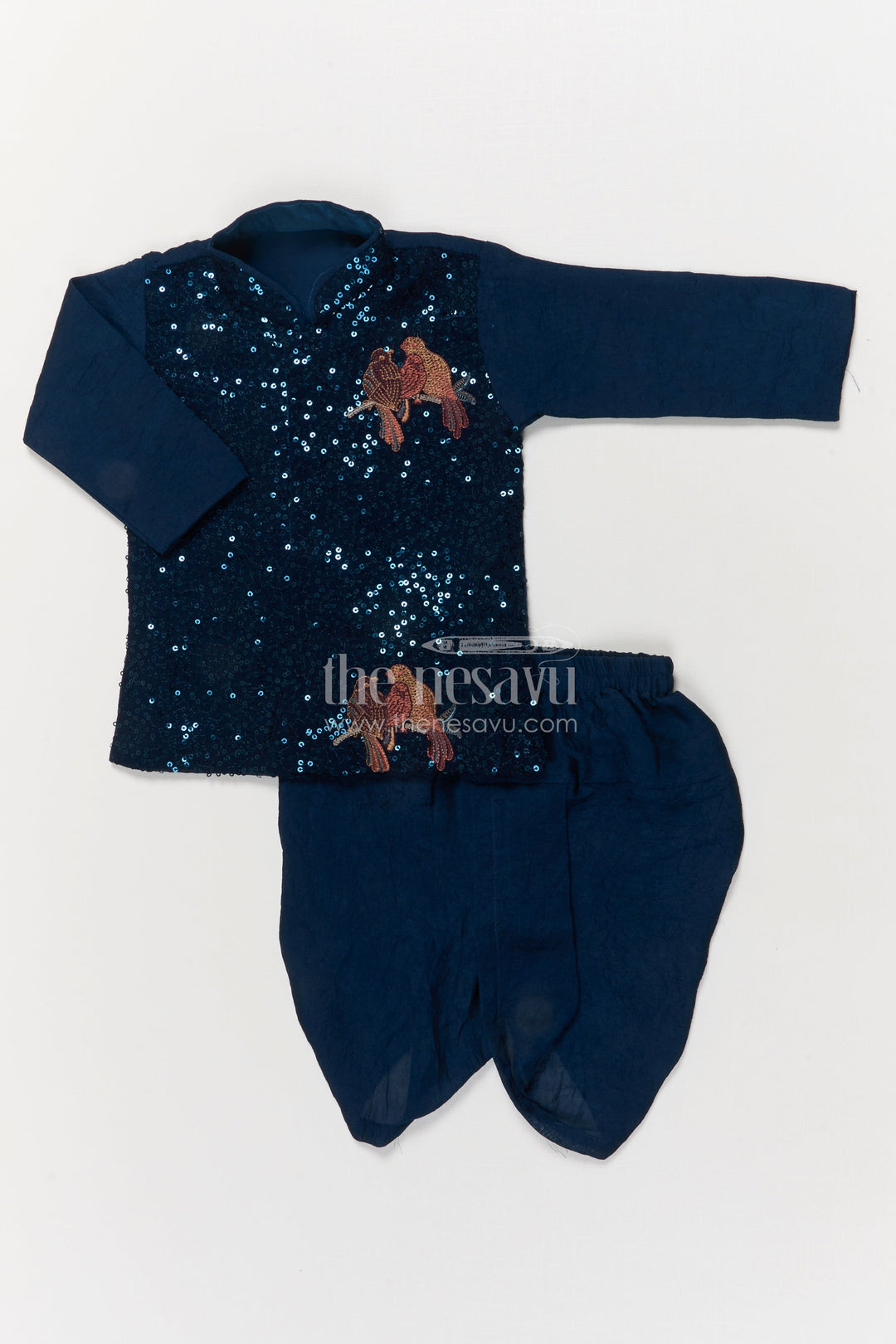 The Nesavu Boys Dothi Set Baby Boys Ethnic Dhoti Set for Festive Dressing and Cultural Programs Nesavu 10 (NB) / Green / Georgette BES944B-10 Nesavu baby boys sequin embroidered dhoti set with bird motif for traditional festivals
