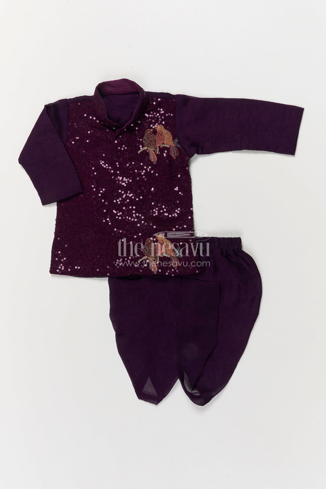 The Nesavu Boys Dothi Set Baby Boys Ethnic Dhoti Set for Weddings and Traditional Celebrations Nesavu 10 (NB) / Maroon / Georgette BES944D-10 Nesavu baby boys sequin embroidered dhoti set with bird motifs for traditional functions