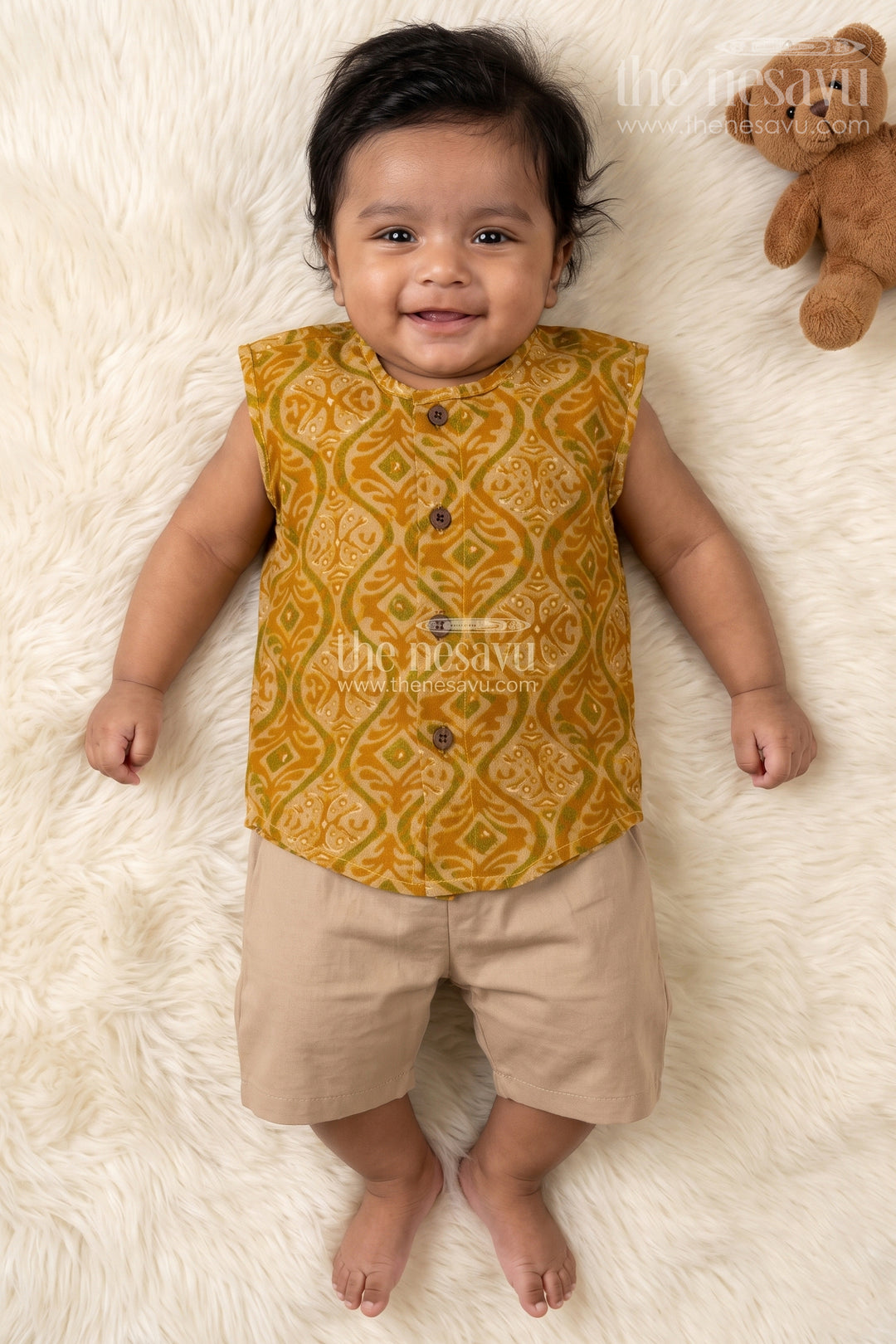 The Nesavu Baby Jablas Baby Boys Ethnic Yellow Sleeveless Jabla with Batik Print and Wooden Buttons in Infant Jhabla Design Nesavu 10 (NB) / Yellow IF025D-10 Nesavu infant jhabla Baby Boys Yellow Rayon Traditional Batik Print Wooden Button Detail