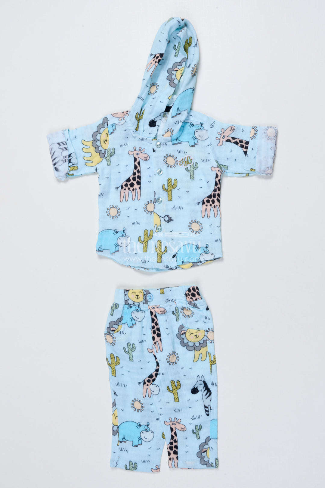 The Nesavu Boys Casual Set Baby Boys Muslin Cotton Animal Print Set for Playtime and Naps Nesavu 12 (3M) / Blue BCS502A-12 Nesavu muslin cotton baby boys outfit animal print hoodie sleep play