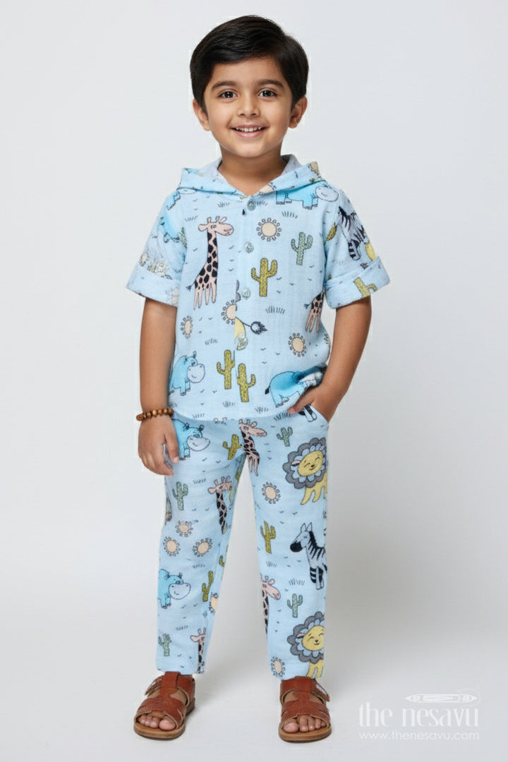 The Nesavu Boys Casual Set Baby Boys Muslin Cotton Animal Print Set for Playtime and Naps Nesavu 12 (3M) / Blue BCS502A-12 Nesavu muslin cotton baby boys outfit animal print hoodie sleep play