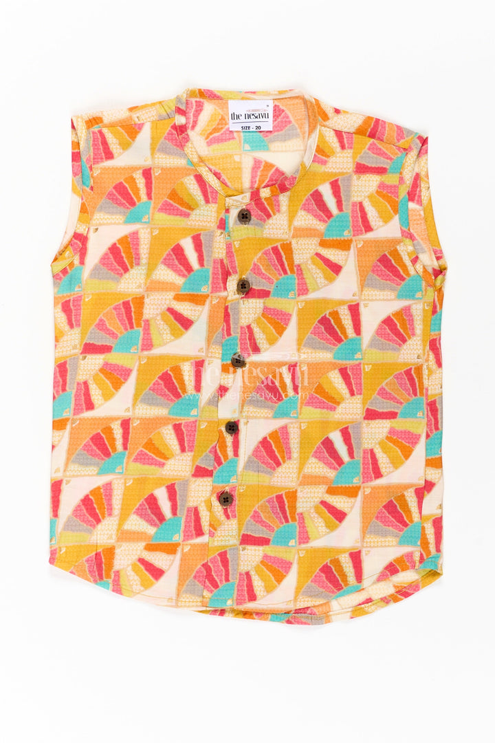 The Nesavu Baby Jablas Baby Boys Sleeveless Jabla in Modal Silk with Vibrant Fan Prints for Everyday Comfort in Jablas Online Style Nesavu Jablas online Modal Silk Digital Fan Print Wooden Buttons Baby Boys | The Nesavu