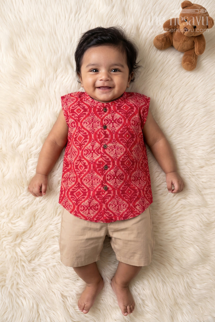 The Nesavu Baby Jablas Baby Boys Sleeveless Rayon Jabla in Red with Wooden Buttons and Ethnic Prints for Newborn Jhabla Set Nesavu 10 (NB) / Red IF025B-10 Newborn jhabla set Baby Boys Red Batik Print Rayon Wooden Button Finish | The Nesavu