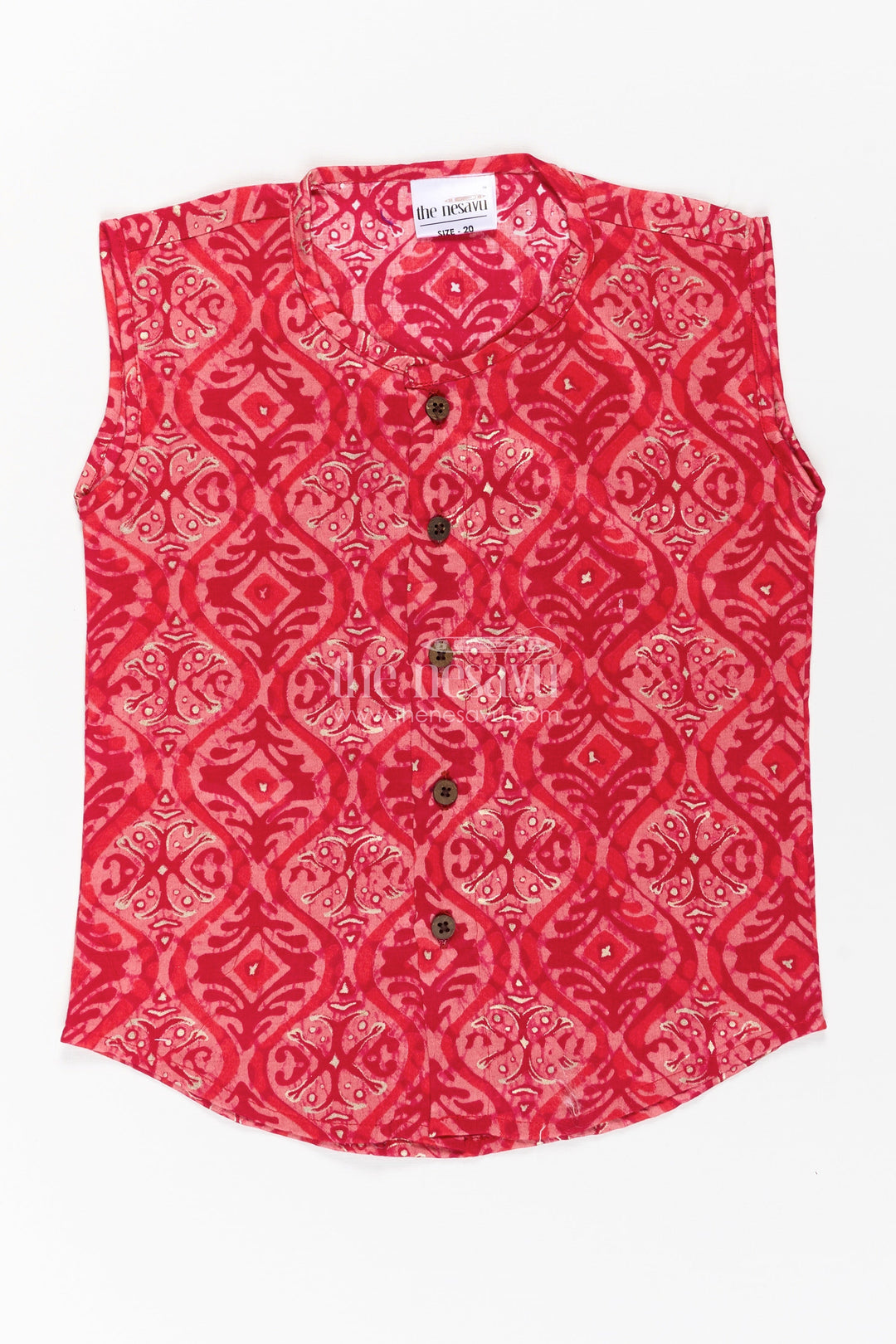 The Nesavu Baby Jablas Baby Boys Sleeveless Rayon Jabla in Red with Wooden Buttons and Ethnic Prints for Newborn Jhabla Set Nesavu Newborn jhabla set Baby Boys Red Batik Print Rayon Wooden Button Finish | The Nesavu
