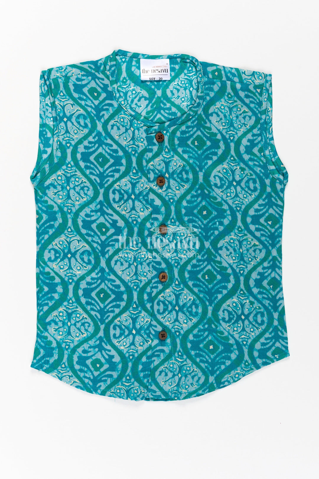 The Nesavu Baby Jablas Baby Boys Sleeveless Rayon Jabla with Wooden Buttons in Baby Boy Clothes Style Nesavu 10 (NB) / Green IF025A-10 Baby boy clothes Rayon Batik Print Wooden Button Sleeveless Jabla Top | The Nesavu
