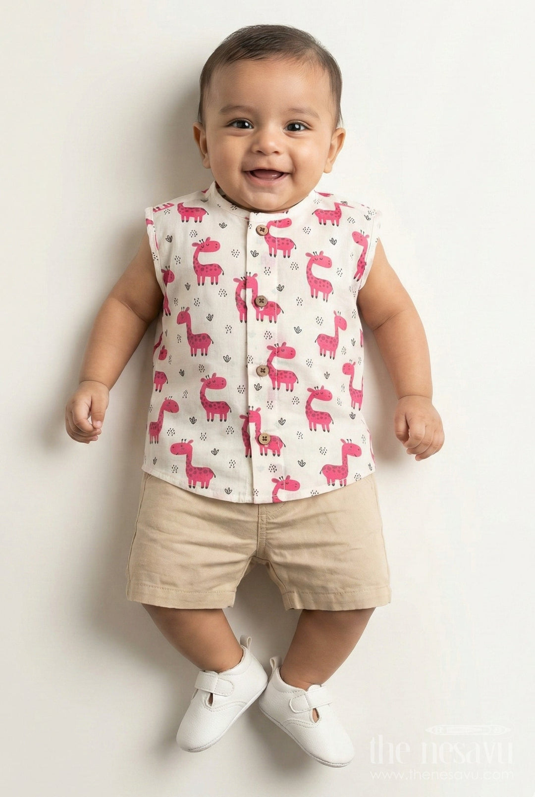 The Nesavu Baby Jablas Baby Boys White Cotton Jabla with Pink Giraffe Print and Wooden Buttons in Cotton Jhabla for Newborn Style Nesavu 10 (NB) / Pink IF030A-10 Cotton jhabla newborn White Cotton Pink Giraffe Digital Print Wooden Buttons | The Nesavu