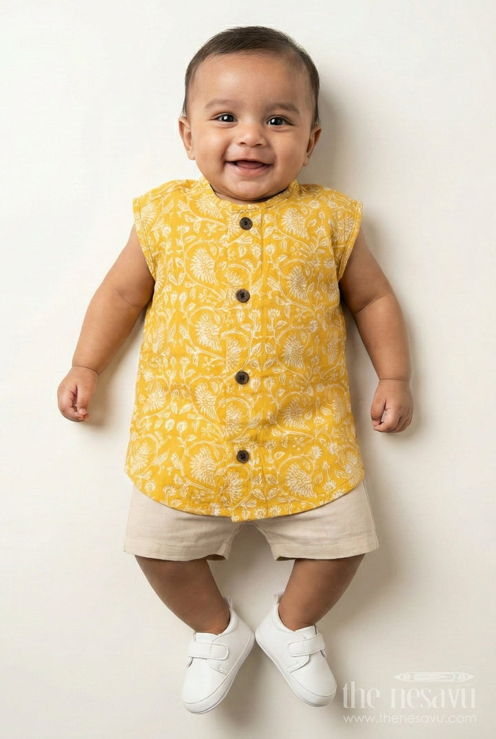 The Nesavu Baby Jablas Baby Boys Yellow Cotton Jabla with Vine Pattern Digital Print in Newborn Jhabla Style Nesavu 10 (NB) / Yellow IF029A-10 Newborn jhabla Yellow Cotton White Vine Digital Print Wooden Button Detail | The Nesavu
