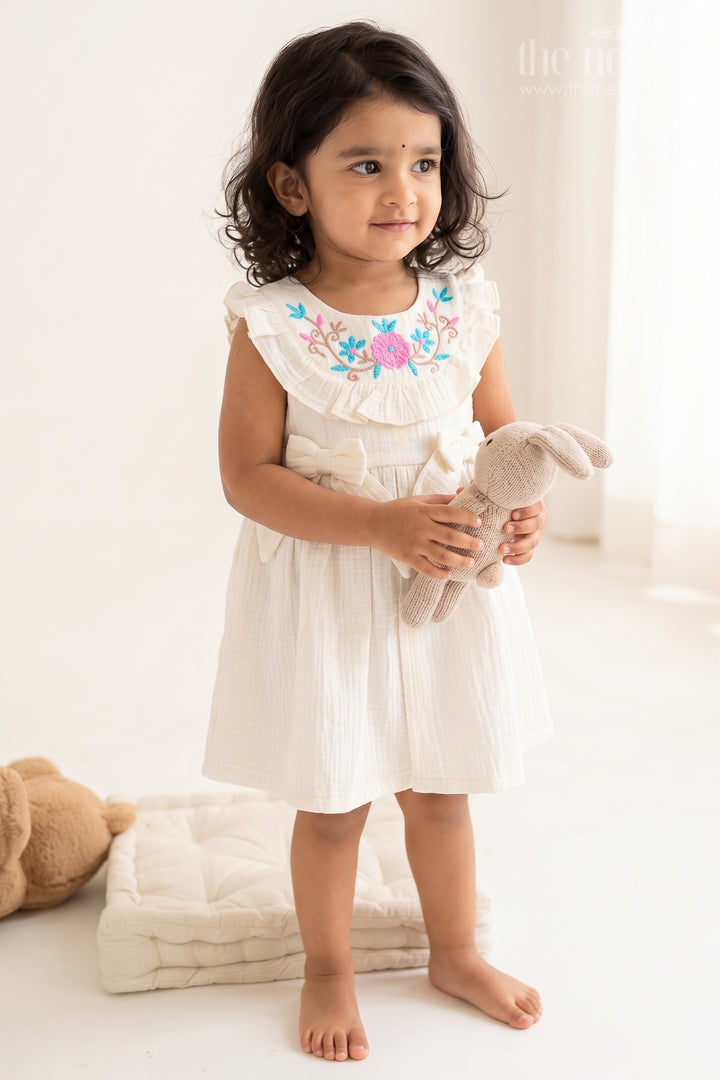 The Nesavu Baby Cotton Frocks Baby Cotton Frock for First Birthday Photoshoot Nesavu 14 (6M) / Cream / Muslin Cotton BFJ1012A-14 Nesavu Baby Cotton Frock For First Birthday Photoshoot With Floral Thread Embroidery And Ruffles BFJ1012A-14