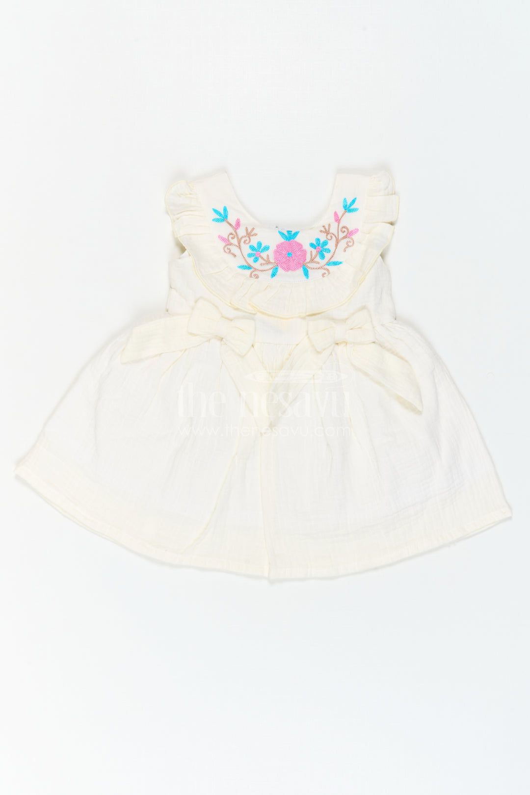 The Nesavu Baby Cotton Frocks Baby Cotton Frock for First Birthday Photoshoot Nesavu 14 (6M) / Cream / Muslin Cotton BFJ1012A-14 Nesavu Baby Cotton Frock For First Birthday Photoshoot With Floral Thread Embroidery And Ruffles