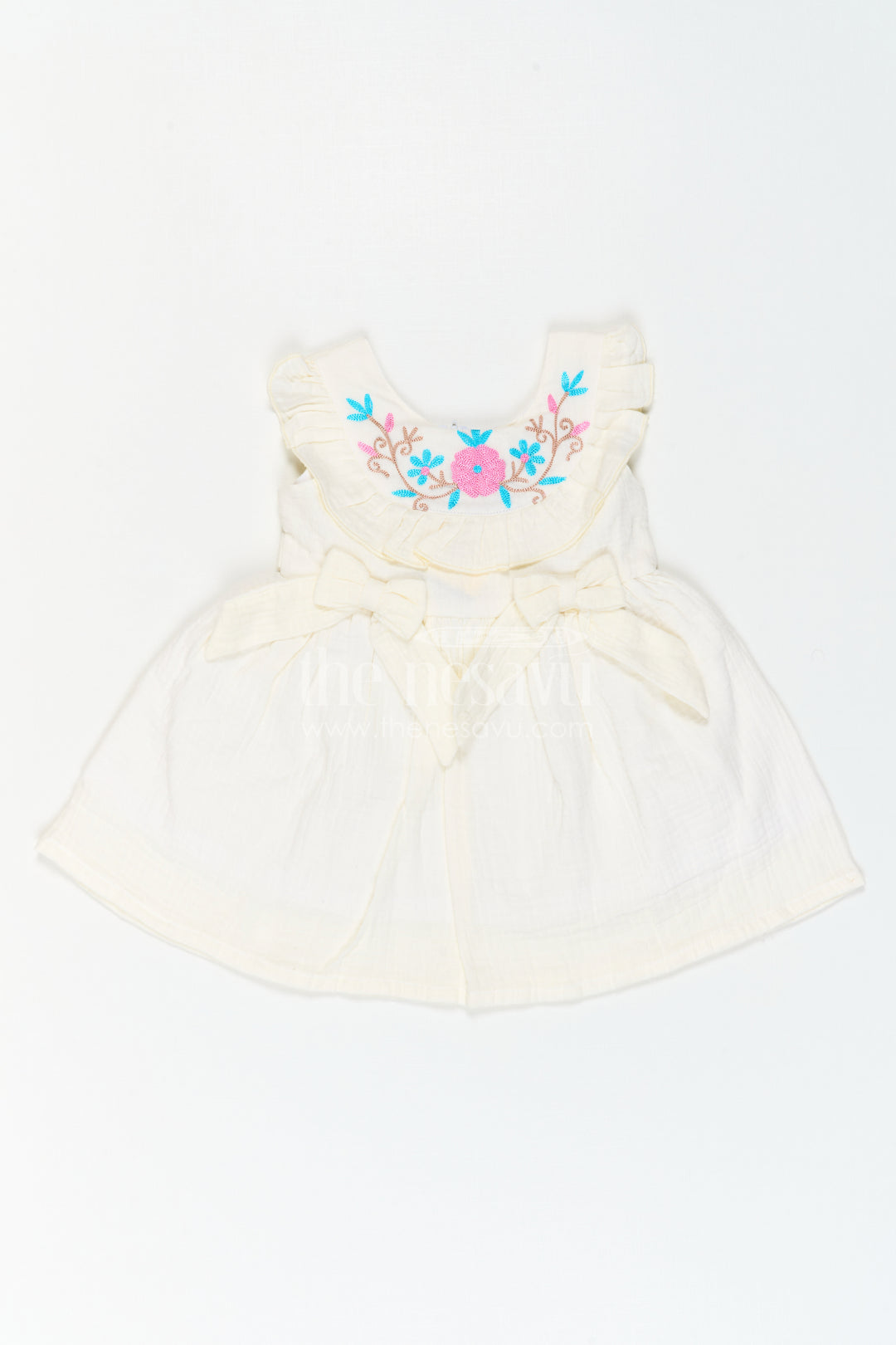 The Nesavu Baby Cotton Frocks Baby Cotton Frock for First Birthday Photoshoot Nesavu Nesavu Baby Cotton Frock For First Birthday Photoshoot With Floral Thread Embroidery And Ruffles