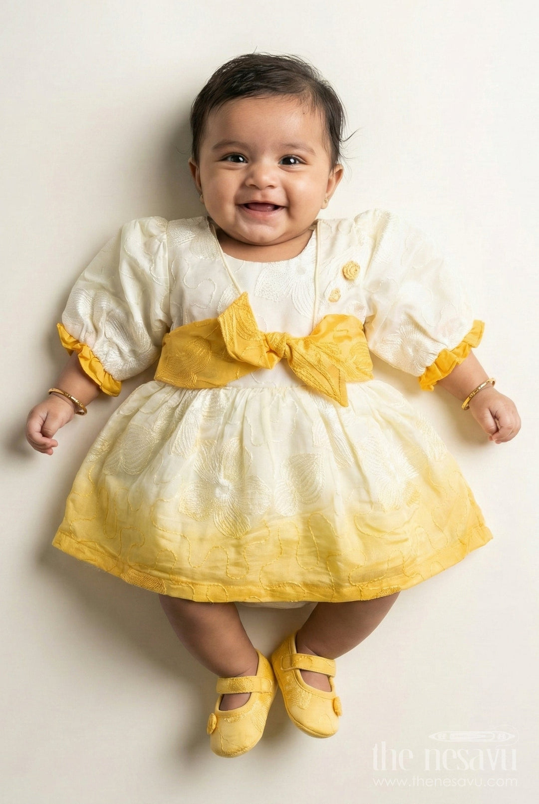The Nesavu Baby Cotton Frocks Baby Cotton Frock for Naming Ceremony and First Milestone Events Nesavu 14 (6M) / Yellow BFJ831A-14 Nesavu baby cotton frock bow detail naming ceremonies traditional celebrations