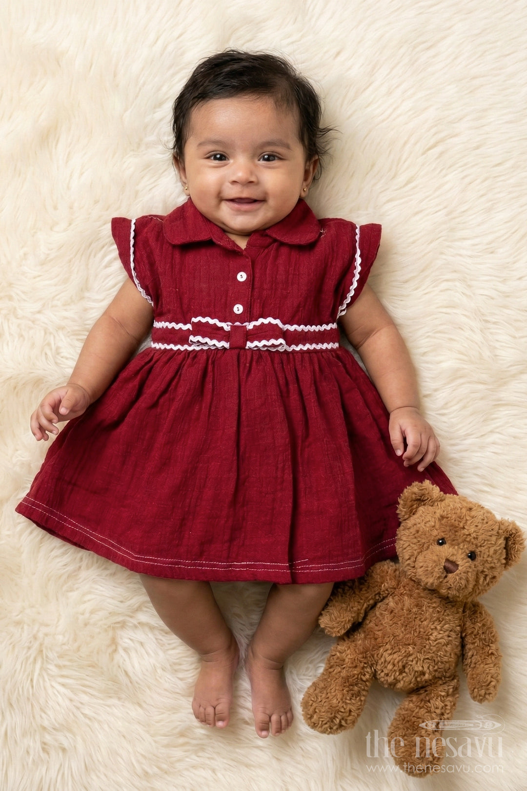 The Nesavu Baby Cotton Frocks Baby Cotton Frock for Photoshoots and Everyday Cuteness Nesavu 14 (6M) / Red / Cotton BFJ927B-14 Nesavu baby cotton frock with wooden buttons – perfect for photoshoots and everyday styling
