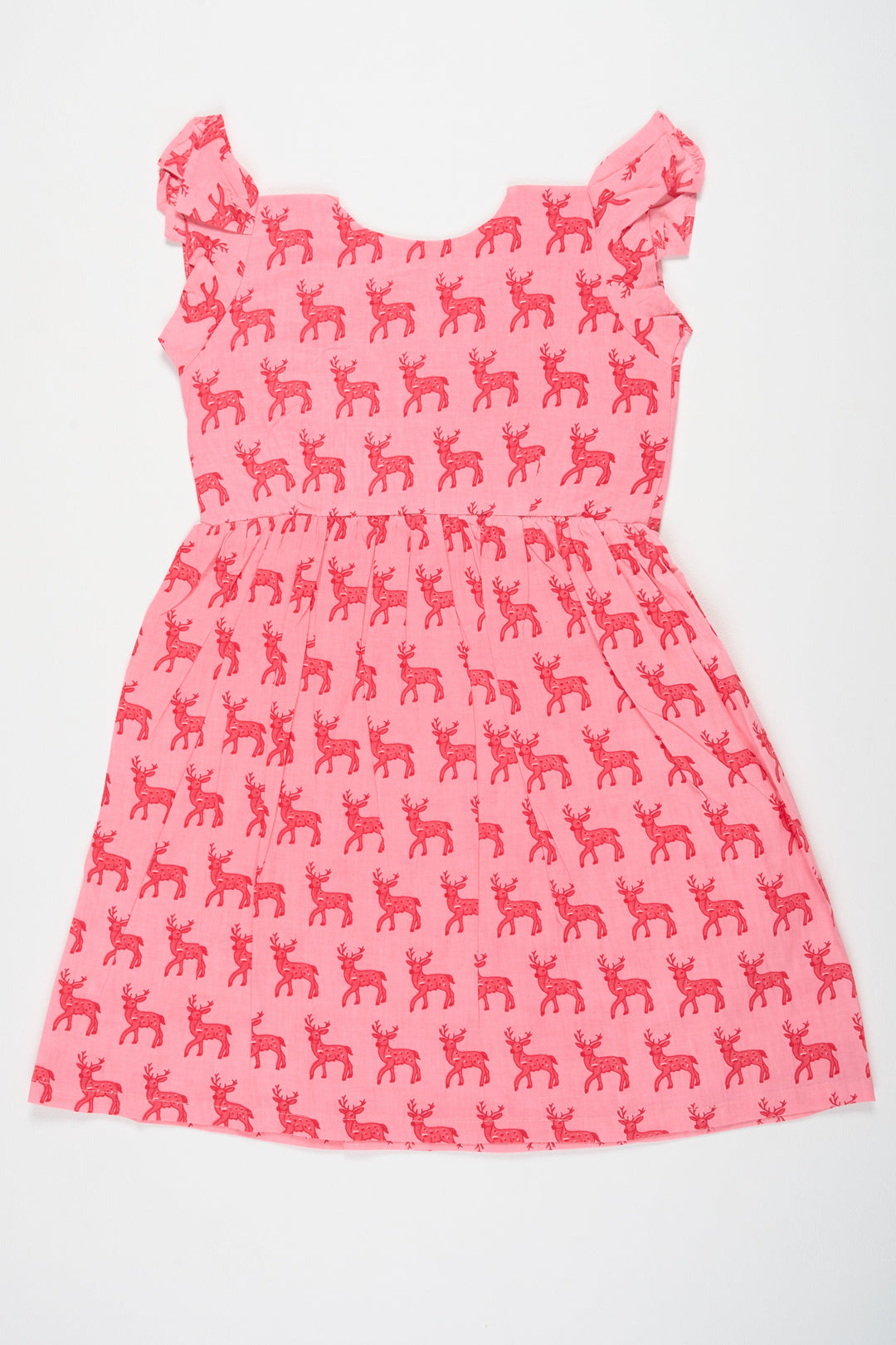 The Nesavu Baby Cotton Frocks Baby Cotton Frock in Pink with Deer Print and Ruffled Sleeves Perfect for Playdates Nesavu Nesavu Baby Cotton Frock Pink Deer Print Playful Comfortable Kids Wear