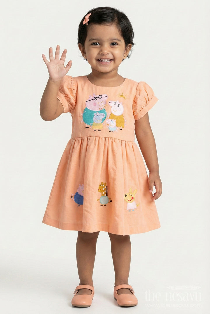 The Nesavu Baby Cotton Frocks Baby Cotton Frock with Cartoon Embroidery for Playdates and Casual Outings Nesavu 16 (1Y) / Orange GFC1911A-16 Nesavu baby cotton frock Peppa Pig embroidery perfect playdates everyday wear