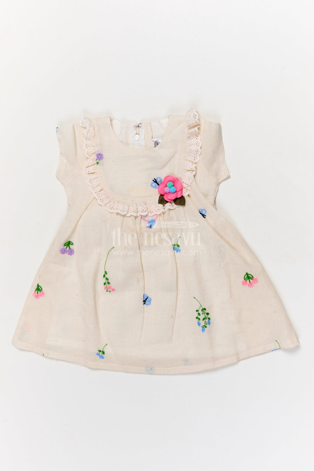 The Nesavu Baby Cotton Frocks Baby Cotton Frock with Embroidery for Casual Outings and Summer Comfort Nesavu 16 (1Y) / Cream / Cotton Blend GFC2063A-16 Nesavu baby cotton frock with floral embroidery and lace detailing for everyday wear
