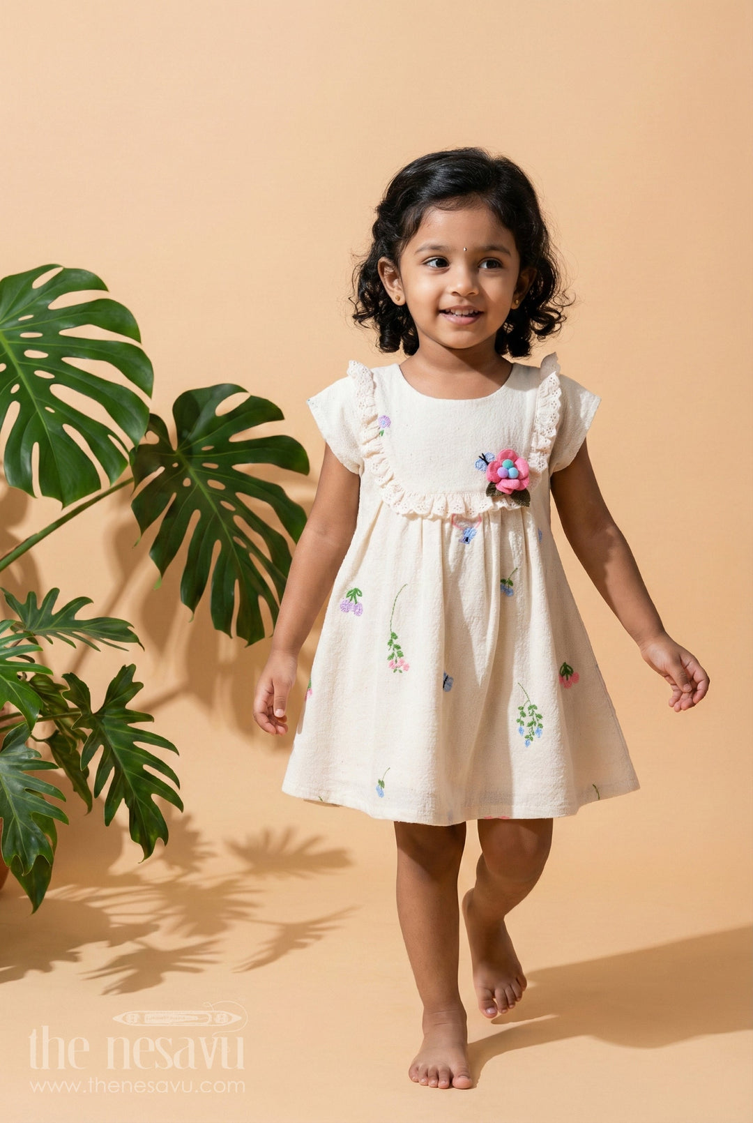 The Nesavu Baby Cotton Frocks Baby Cotton Frock with Embroidery for Casual Outings and Summer Comfort Nesavu 16 (1Y) / Cream / Cotton Blend GFC2063A-16 Nesavu baby cotton frock with floral embroidery and lace detailing for everyday wear