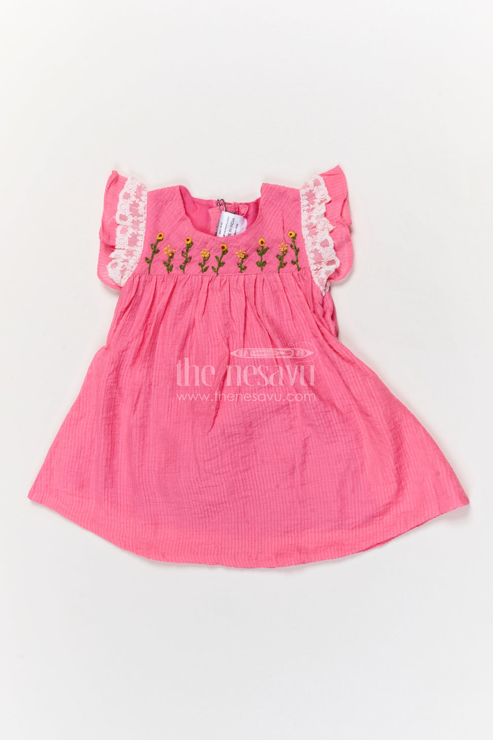 The Nesavu Baby Cotton Frocks Baby Cotton Frock with Embroidery for Daily Wear and Outings Nesavu 16 (1Y) / Pink / Cotton Blend GFC1915A-16 Nesavu baby cotton frock with embroidery and lace sleeves for everyday comfort and play