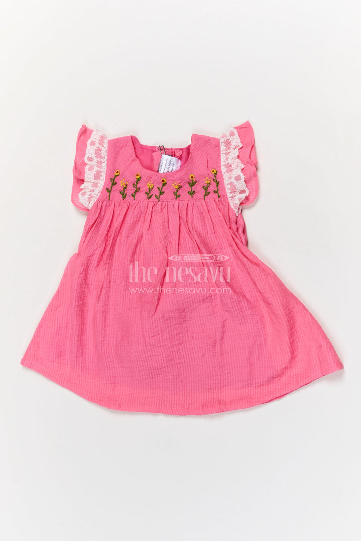 The Nesavu Baby Cotton Frocks Baby Cotton Frock with Embroidery for Daily Wear and Outings Nesavu 16 (1Y) / Pink / Cotton Blend GFC1915A-16 Nesavu baby cotton frock with embroidery and lace sleeves for everyday comfort and play