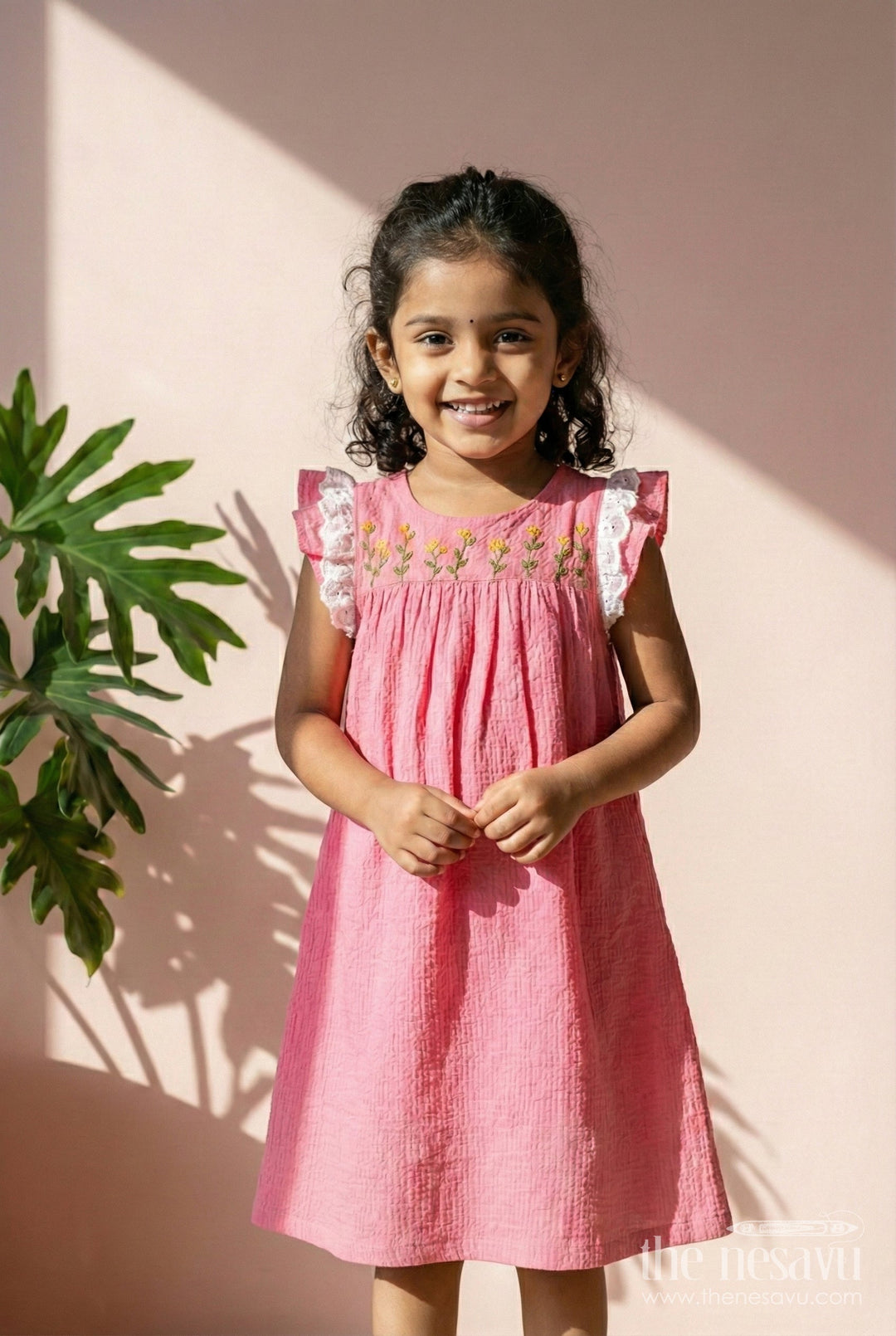 The Nesavu Baby Cotton Frocks Baby Cotton Frock with Embroidery for Daily Wear and Outings Nesavu 16 (1Y) / Pink / Cotton Blend GFC1915A-16 Nesavu baby cotton frock with embroidery and lace sleeves for everyday comfort and play