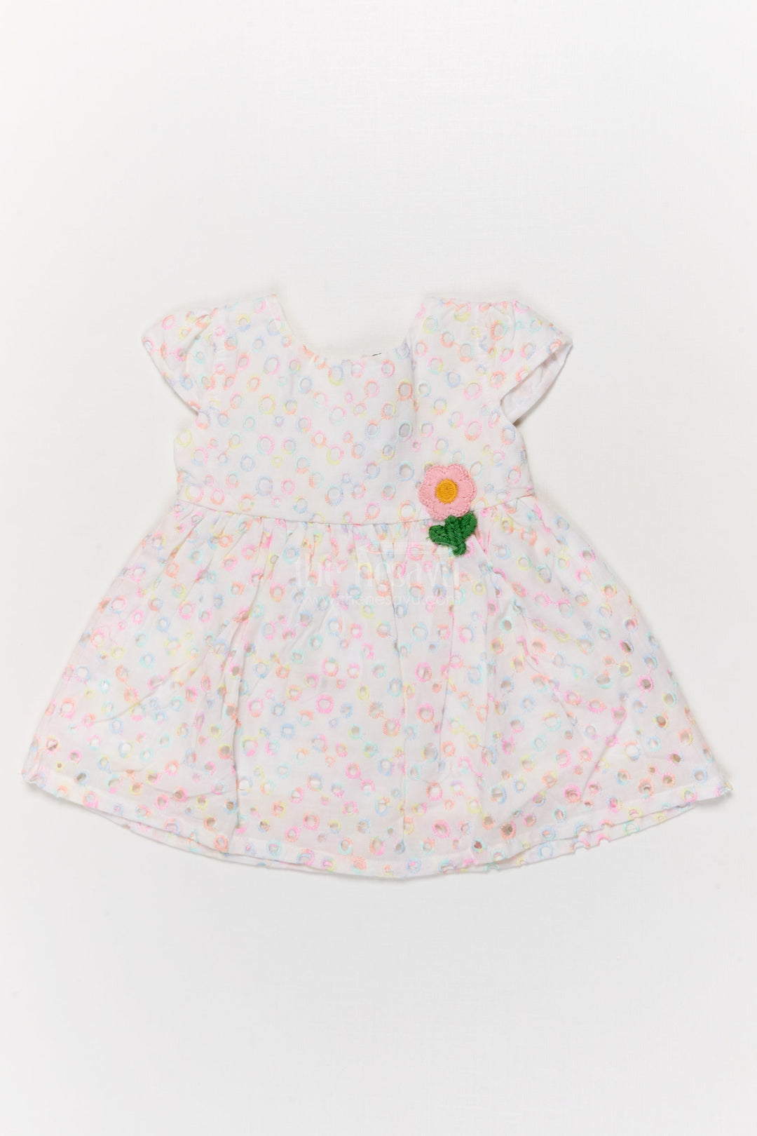 The Nesavu Baby Cotton Frocks Baby Cotton Hakoba Frock with Pastel Rainbow Circle Embroidery Nesavu 14 (6M) / Pink BFJ900A-14 Nesavu pastel Hakoba frock with rainbow embroidery and flower patch for baby girls