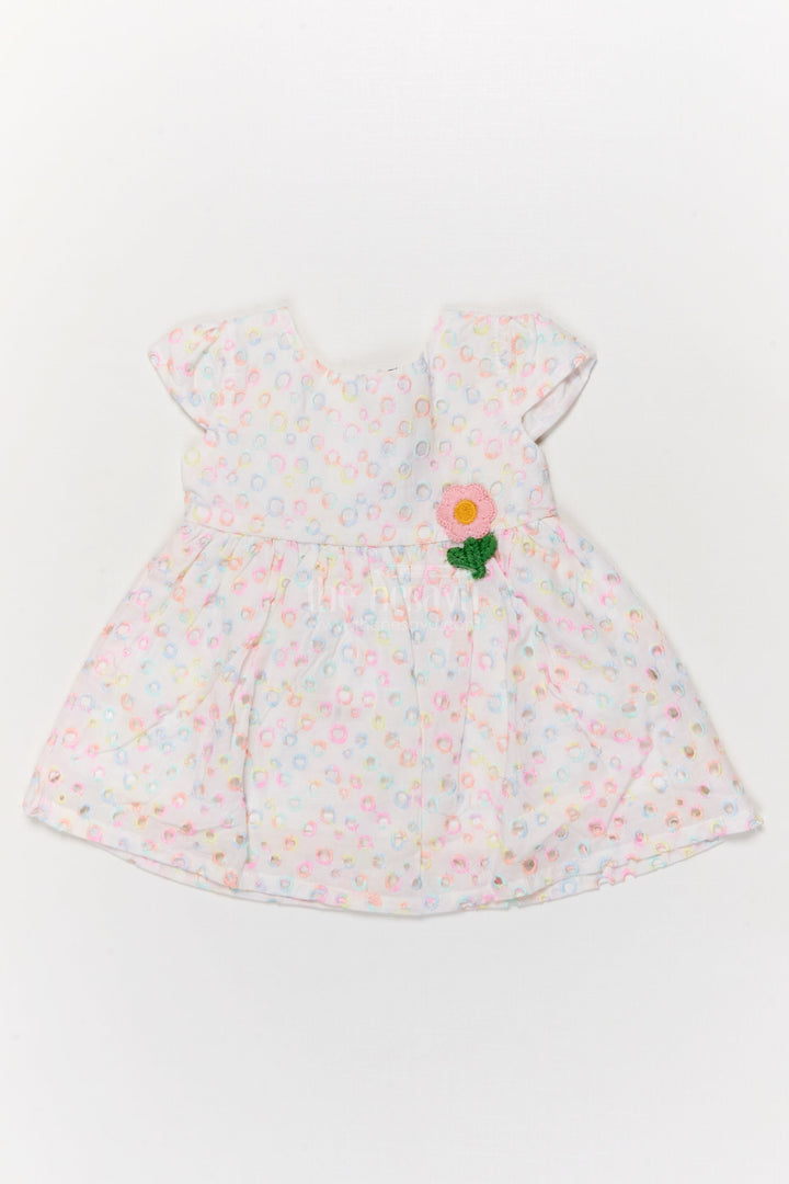 The Nesavu Baby Cotton Frocks Baby Cotton Hakoba Frock with Pastel Rainbow Circle Embroidery Nesavu 14 (6M) / Pink BFJ900A-14 Nesavu pastel Hakoba frock with rainbow embroidery and flower patch for baby girls