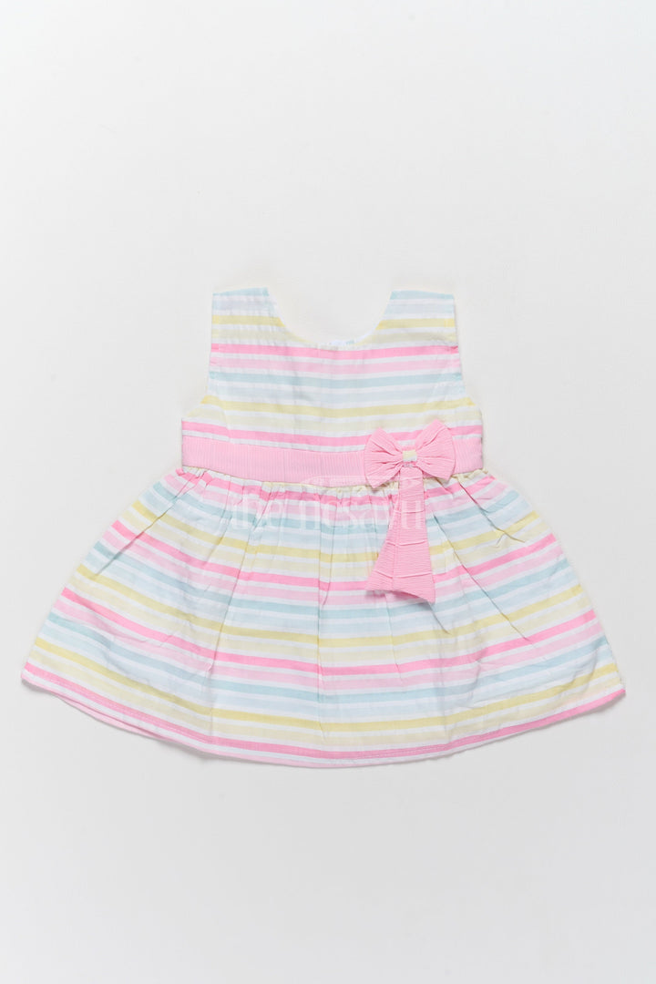The Nesavu Baby Cotton Frocks Baby Cotton Half Frock with Multicolor Stripes and Pink Bow Accent Nesavu 14 (6M) / Multicolor BFJ692A-14 Nesavu Baby Cotton Half Frock Multicolor Stripes Pink Bow Accent