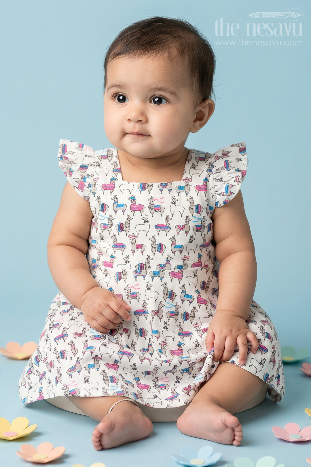 The Nesavu Baby Cotton Frocks Baby Cotton Party Frock in White with Llama Print and Ruffled Sleeves Ideal for Fun Gatherings Nesavu 10 (NB) / White BFJ682B-10 Nesavu White Cotton Baby Party Frock Llama Print Fun Comfortable Kids Outfit