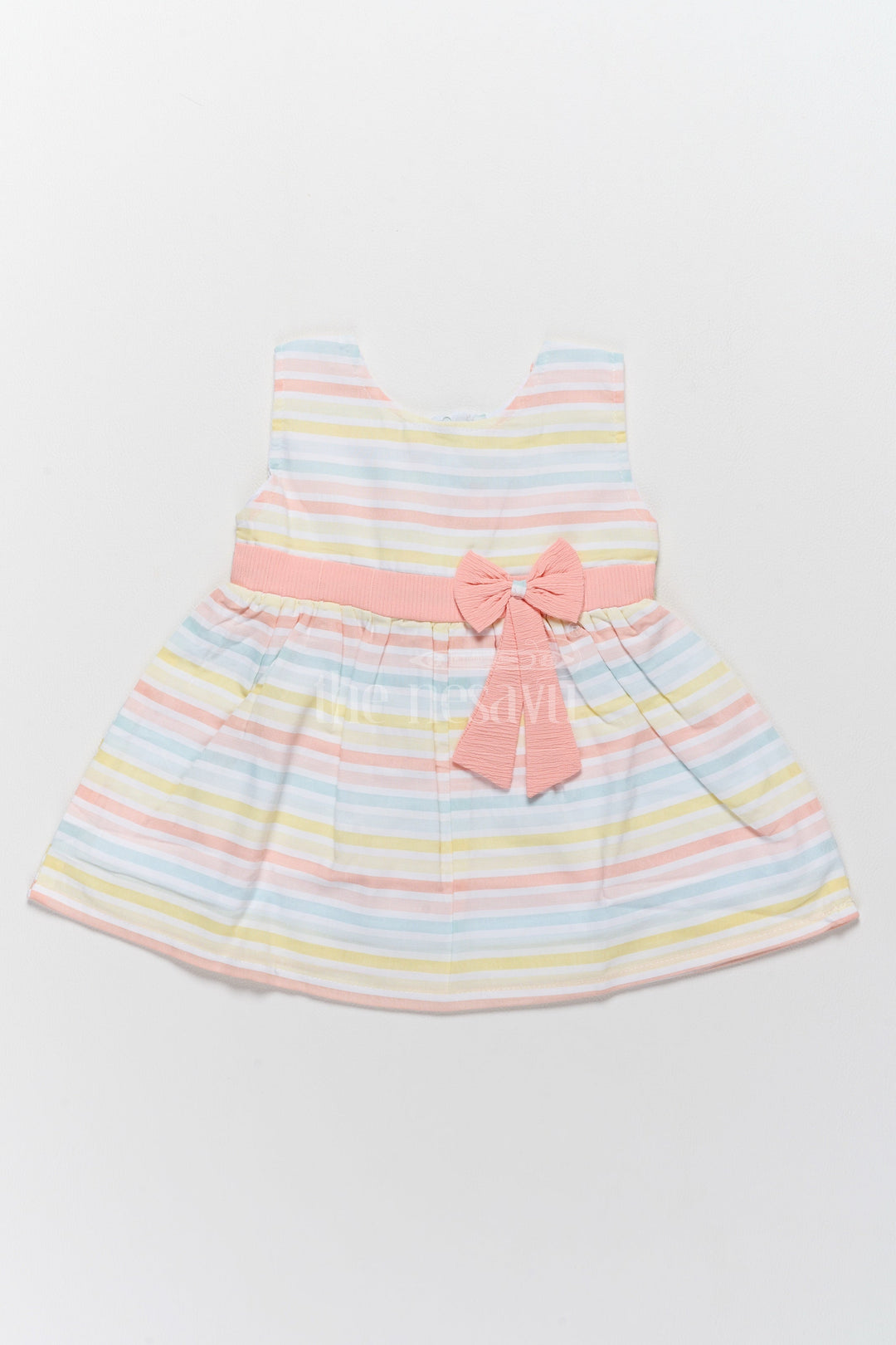 The Nesavu Baby Cotton Frocks Baby Cotton Short Dress with Pastel Stripes and Peach Bow Accent Nesavu 14 (6M) / Multicolor BFJ692B-14 Nesavu Baby Cotton Short Dress Multicolor Stripes Peach Bow Accent