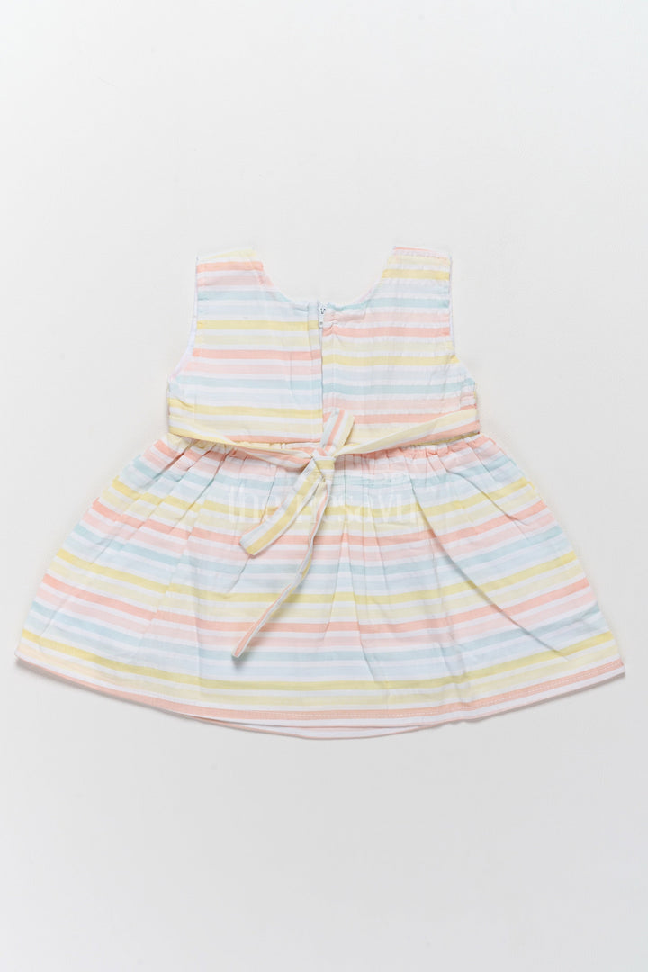 The Nesavu Baby Cotton Frocks Baby Cotton Short Dress with Pastel Stripes and Peach Bow Accent Nesavu Nesavu Baby Cotton Short Dress Multicolor Stripes Peach Bow Accent