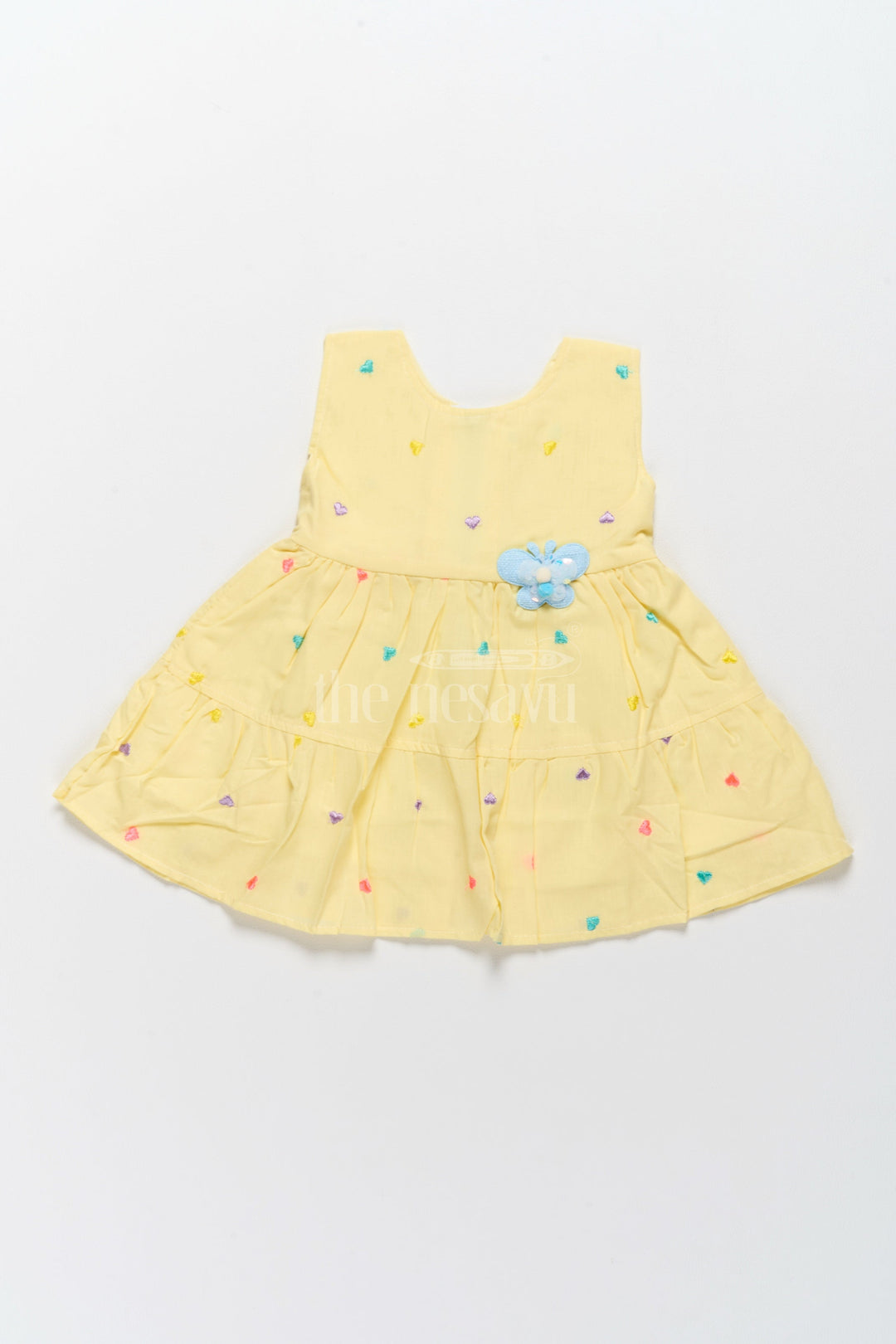 The Nesavu Baby Cotton Frocks Baby Cotton Yellow Short Frock with Colorful Heart Embroidery and Flower Detail Nesavu 14 (6M) / Yellow BFJ694B-14 Nesavu Baby Cotton Yellow Short Frock Colorful Heart Embroidery Flower Detail